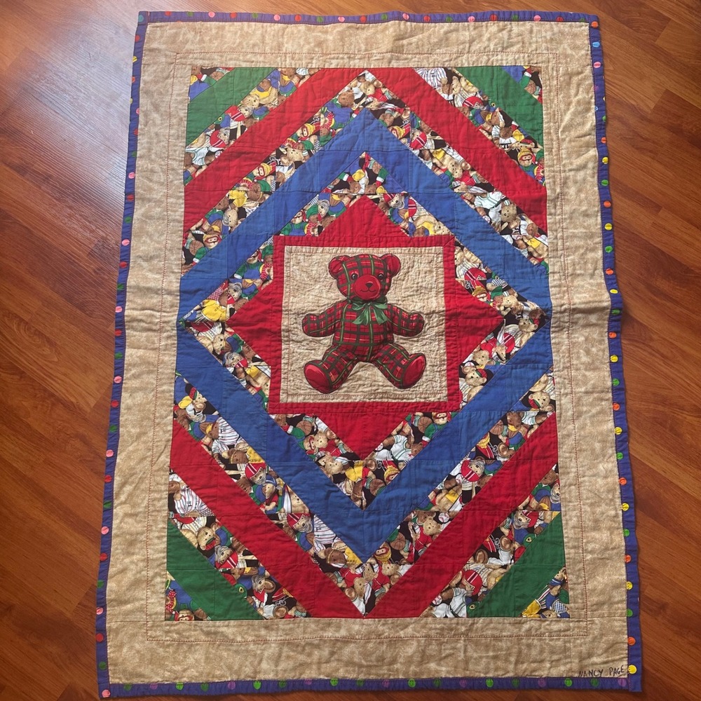 Handmade Teddy Bear Patchwork Quilt Raised Plush Appliqué Colorful Throw Blanket
